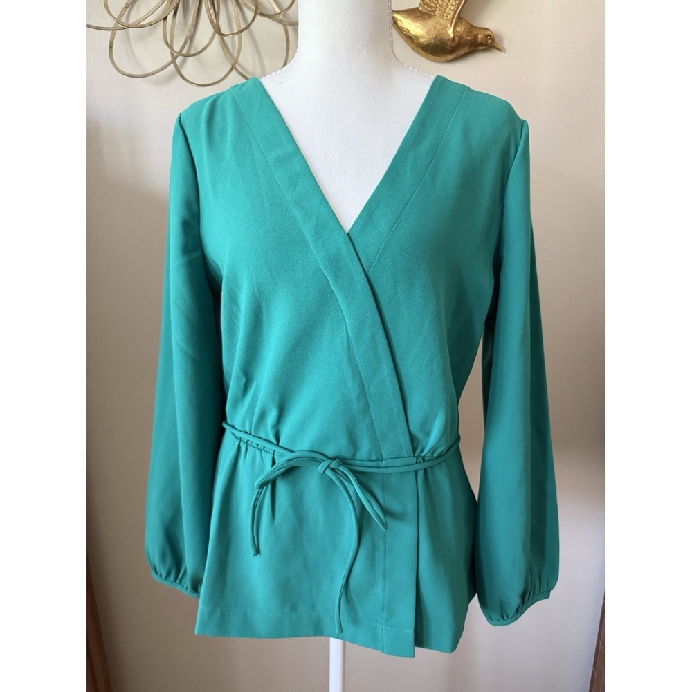J.Crew Womens 10T Teal Structured Crossover Blouse Tie Waist Long Sleeve Top